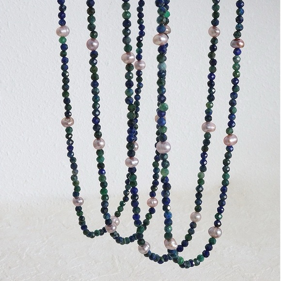 18K Gold Plated Lapis Necklace*Pink Pearl*Lapis Lazuli*Gemstone Necklace - Picture 6 of 8